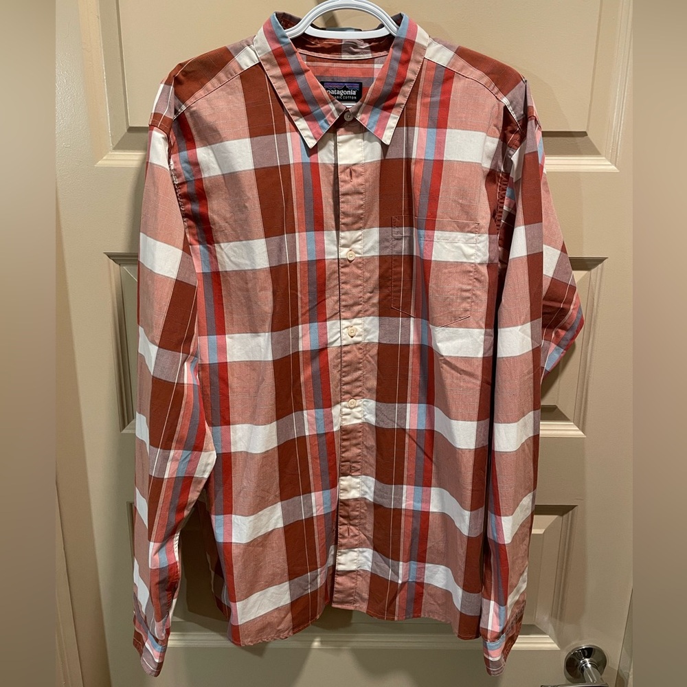 Large men’s Patagonia button down long-sleeve shirt.